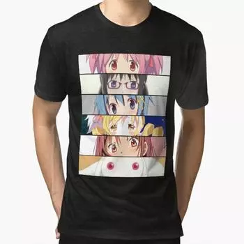 Мужская мода повседневные футболки с короткими рукавами Madoka Magica аниме главные герои черные футболки большого размера S чёрный