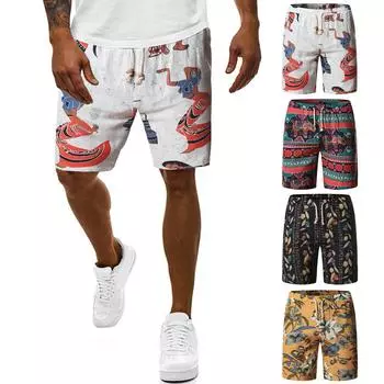 Мужская мода, повседневные хлопковые и льняные праздничные свободные пляжные шорты с эластичным галстуком и принтом в этническом стиле XL чёрный