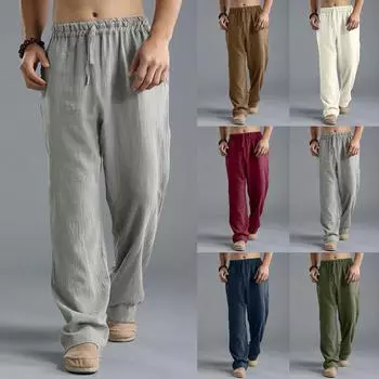 Мужская мода повседневные однотонные дышащие льняные свободные повседневные спортивные брюки M белый
