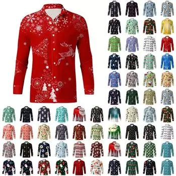 Мужская мода повседневные рубашки с длинными рукавами и пуговицами с рождественским принтом и лацканами, топы M синий