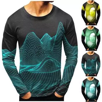 Мужская мода повседневные рубашки с круглым вырезом и длинным рукавом с принтом, топы, блузки L синий