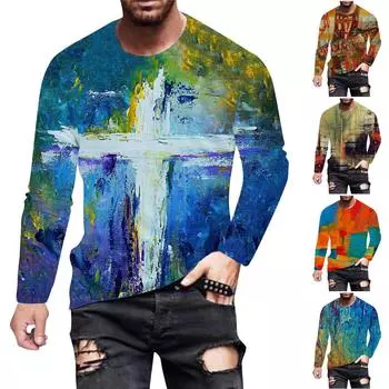 Мужская мода повседневные рубашки с круглым вырезом и длинным рукавом с принтом, топы, блузки XXXL синий