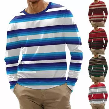 Мужская мода повседневные рубашки с круглым вырезом и длинными рукавами с принтом в полоску, топы, блузки M синий