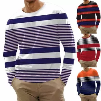 Мужская мода повседневные рубашки с круглым вырезом и длинными рукавами с принтом в полоску, топы, блузки XXL чёрный