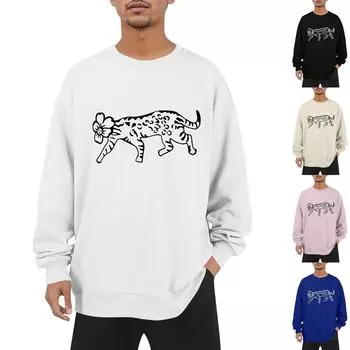 Мужская мода повседневный длинный рукав принт круглый вырез пуловер топ с карманами L бежевый