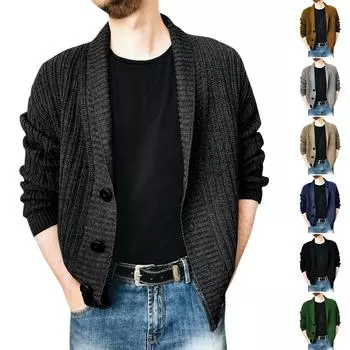 Мужская мода, повседневный однотонный вязаный кардиган с длинными рукавами и пуговицами, пальто, верх L хаки