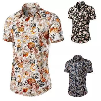 Мужская мода рубашки с цветочным принтом повседневная уличная одежда мужские рубашки с короткими рукавами с лацканами M розовый/чёрный
