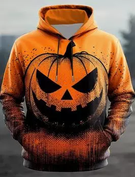 Мужская мода с капюшоном с принтом тыквы, праздничная толстовка на Хэллоуин, оранжевая толстовка с капюшоном и карманом, осенне-зимний дизайн M