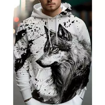 Мужская мода с капюшоном с принтом животных и волка, 3D-принт, уличная одежда, толстовки с капюшоном и передним карманом, дизайнерская толстовка с капюшоном S