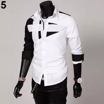 Мужская мода сексуальная приталенная цветная лоскутная рубашка с отложным воротником и длинным рукавом L армия зеленый