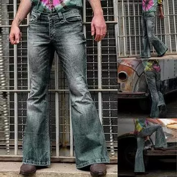 Мужская мода Свободные джинсовые прямые брюки Проблемные джинсы Длинные брюки-клеш S синий