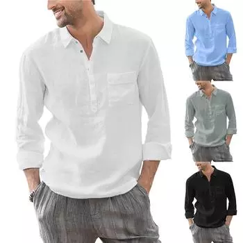 Мужская мода свободный повседневный мягкий и удобный однотонный хлопковый топ с длинными рукавами с лацканами L белый