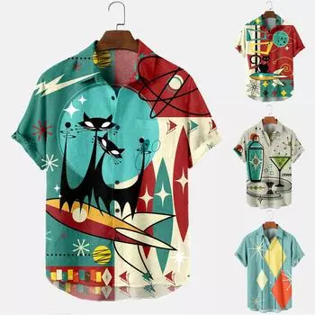Мужская мода свободный топ с креативными элементами 3d цифровая печать рубашка с коротким рукавом L