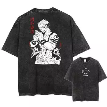Мужская мода Уличная одежда Выстиранная черная футболка Японское аниме Графический принт Футболка Летний хлопок Оверсайз Топы Футболки S