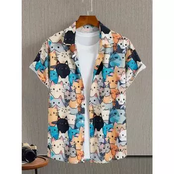 Мужская мода унисекс с милым принтом кота, повседневная повседневная одежда с коротким рукавом и 3D-печатью, модные гавайские рубашки для мужчин в стиле Харадзюку M