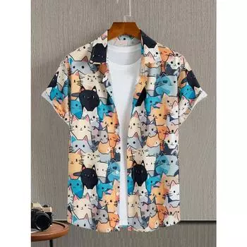 Мужская мода унисекс с милым принтом кота, повседневная повседневная одежда с коротким рукавом и 3D-печатью, модные гавайские рубашки для мужчин в стиле Харадзюку S