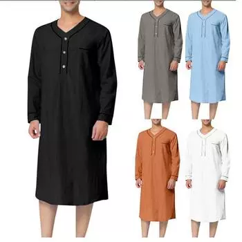 Мужская мода V-образный вырез свободный хлопок длинный рукав пижамы семейная домашняя одежда мусульманская ночная рубашка мужская повседневная мягкая пижама мужской спальный халат ночная рубашка S белый
