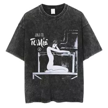 Мужская мода Выстиранная футболка Уличная одежда Графический принт Харадзюку Футболка Лето Черный Короткий рукав Хлопок Свободные топы Футболки M