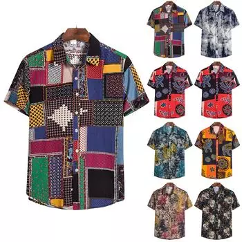 Мужская мода в этническом стиле с коротким рукавом, повседневная гавайская рубашка с принтом, блузка, футболка XXL белый