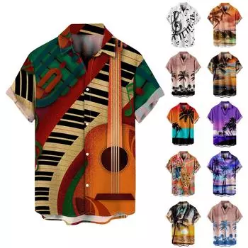 Мужская мода в этническом стиле с коротким рукавом, повседневная гавайская рубашка с принтом, блузка, футболка XXL чёрный