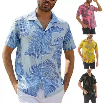 Мужская мода в этническом стиле с коротким рукавом, повседневная гавайская рубашка с принтом, блузка, футболка L чёрный