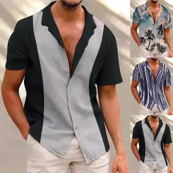 Мужская мода в этническом стиле с коротким рукавом, повседневная гавайская рубашка с принтом, блузка, футболка S чёрный