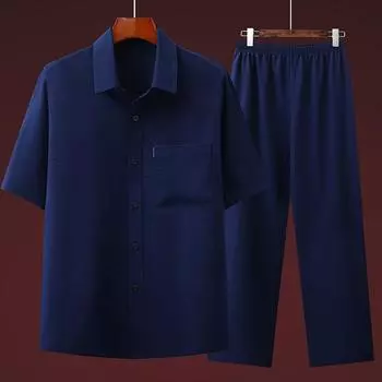 Мужская мода в китайском стиле рубашки + брюки летние хлопковые льняные спортивные повседневные комплекты рубашки и брюки S темно-синий