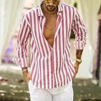 Мужская мода в вертикальную полоску с длинным рукавом повседневное платье на пуговицах пляжная рубашка M серый