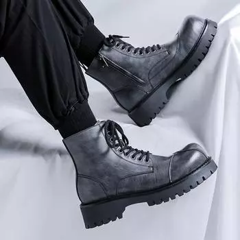 Мужская мода вечеринка ночной клуб высокие мотоциклетные ботинки на шнуровке оригинальные кожаные ботинки ковбойские ботинки на платформе крутые длинные толстые ботинки мужские 38 темно серый