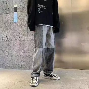 Мужская мода Y2K одежда хип-хоп мешковатые джинсы пэчворк широкие прямые брюки 2024 трендовые брюки джинсовые брюки для мужчин уличная одежда спортивные штаны S чёрный