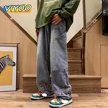 Мужская мода Y2K Одежда Винтажные роскошные джинсы Мужчины Огненная вышивка Высококачественные мешковатые прямые брюки Джинсовые брюки Джинсы для мужчин Уличная одежда L синий