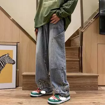 Мужская мода Y2K одежда винтажные роскошные джинсы мужские огненная вышивка высокое качество мешковатые прямые брюки джинсовые брюки джинсы для мужчин уличная одежда M синий