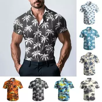 Мужская модная атласная рубашка с коротким рукавом с принтом M бежевый