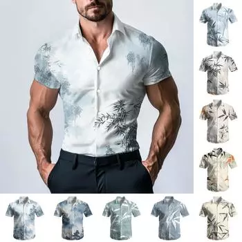 Мужская модная атласная рубашка с коротким рукавом с принтом L чёрный