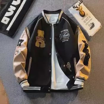 Мужская модная бейсбольная куртка: Весна/Осень, вышитые контрастные кожаные рукава, повседневный корейский стиль XL синий