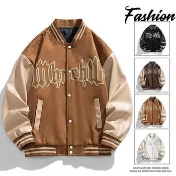 Мужская модная брендовая лоскутная кожаная куртка, новая вышитая американская бейсбольная куртка Boom Street, красивая модная куртка S чёрный