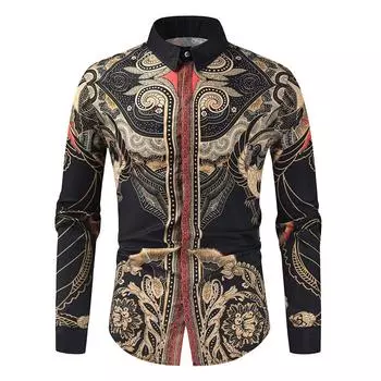 Мужская модная британская рубашка с принтом в стиле ретро, повседневная мужская рубашка поло с длинными рукавами и воротником-стойкой M чёрный