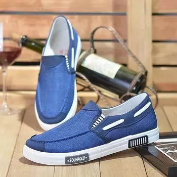 Мужская модная дышащая повседневная обувь. Удобная парусиновая обувь на плоской подошве. Мягкие лоферы без шнуровки. 44 синий