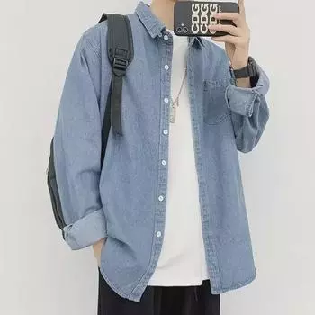 Мужская модная джинсовая рубашка в корейском стиле - свободная, красивая, универсальная куртка с длинными рукавами в гонконгском стиле M темно-синий