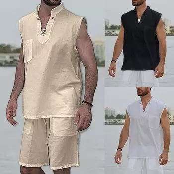 Мужская модная футболка, футболка в стиле хиппи, пляжная рубашка с коротким рукавом, шорты, костюм L чёрный