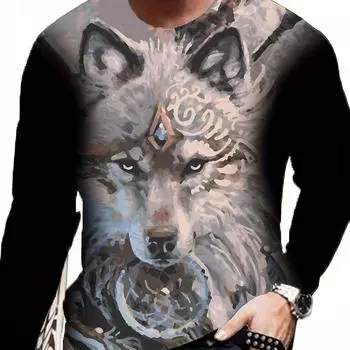 Мужская модная футболка с длинным рукавом и круглым вырезом с принтом 3D Wolf, весна-осень, мужской топ S