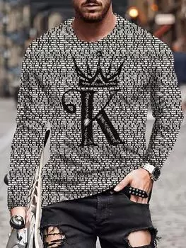 Мужская модная футболка с длинным рукавом и круглым вырезом с принтом алфавита K из мягкого эластичного полиэстера для повседневного ношения в любое время года S серый