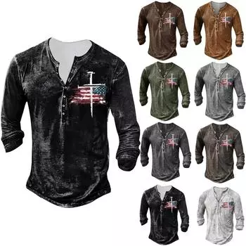 Мужская модная футболка с длинным рукавом с вышивкой, осенний пуловер с длинными рукавами и принтом на пуговицах L чёрный