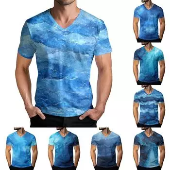 Мужская модная футболка с коротким рукавом и V-образным вырезом L синий