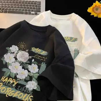 Мужская модная футболка с круглым вырезом и короткими рукавами с принтом для лета, свободный повседневный топ M чёрный