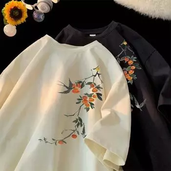 Мужская модная футболка с круглым вырезом и короткими рукавами с принтом для лета, свободный повседневный топ M чёрный