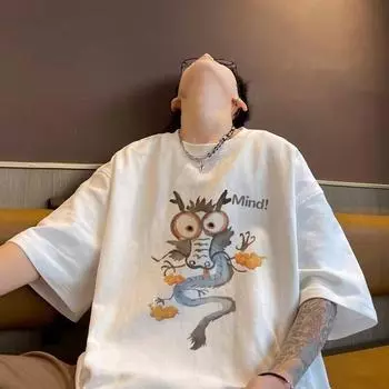 Мужская модная футболка с круглым вырезом и короткими рукавами с принтом для лета, свободный повседневный топ M чёрный