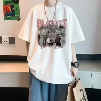 Мужская модная футболка с круглым вырезом и короткими рукавами с принтом для лета, свободный повседневный топ M чёрный