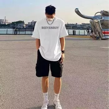 Мужская модная футболка с круглым вырезом и короткими рукавами с принтом для лета, свободный повседневный топ M чёрный