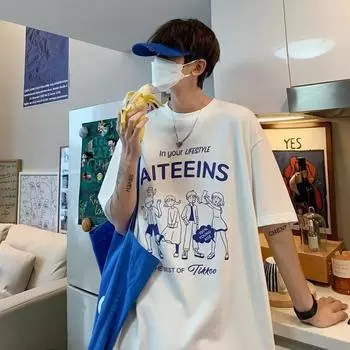 Мужская модная футболка с круглым вырезом и короткими рукавами с принтом для лета, свободный повседневный топ S чёрный